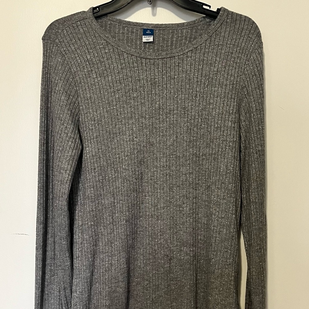 Old Navy XL Sparkle Gray Ribbed Crew Neck Sweater Long Sleeve Tee